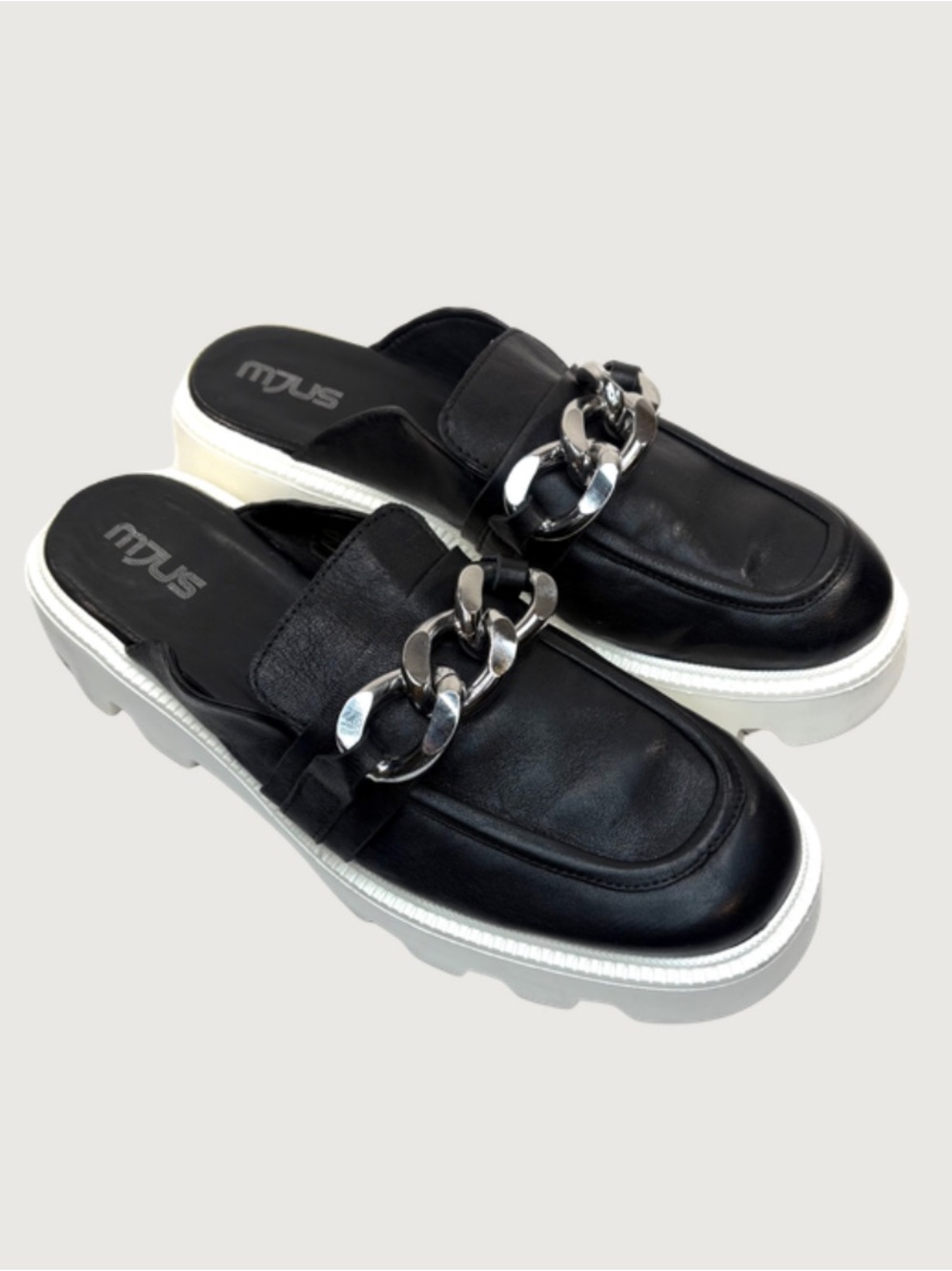 MJUS Black Leather Lug Sole Mules | 41